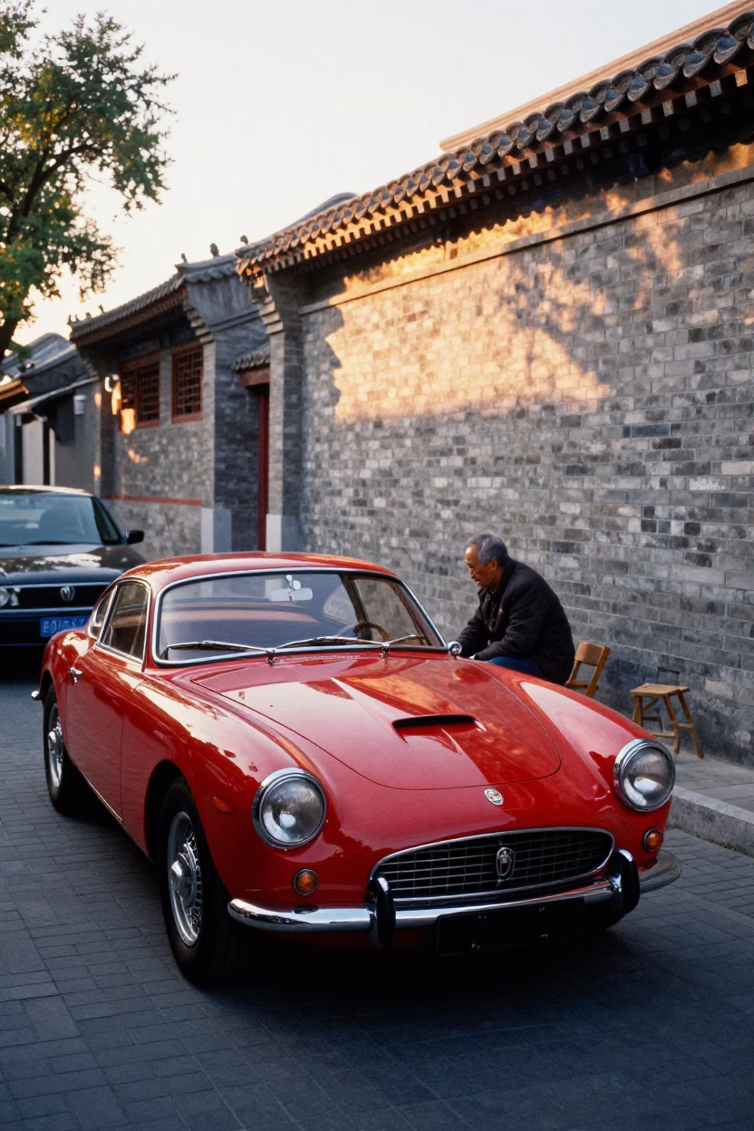 Beijing Hutong Street Scene at Golden Hour with Vintage Sports Car and Local Life in in Beijing, China