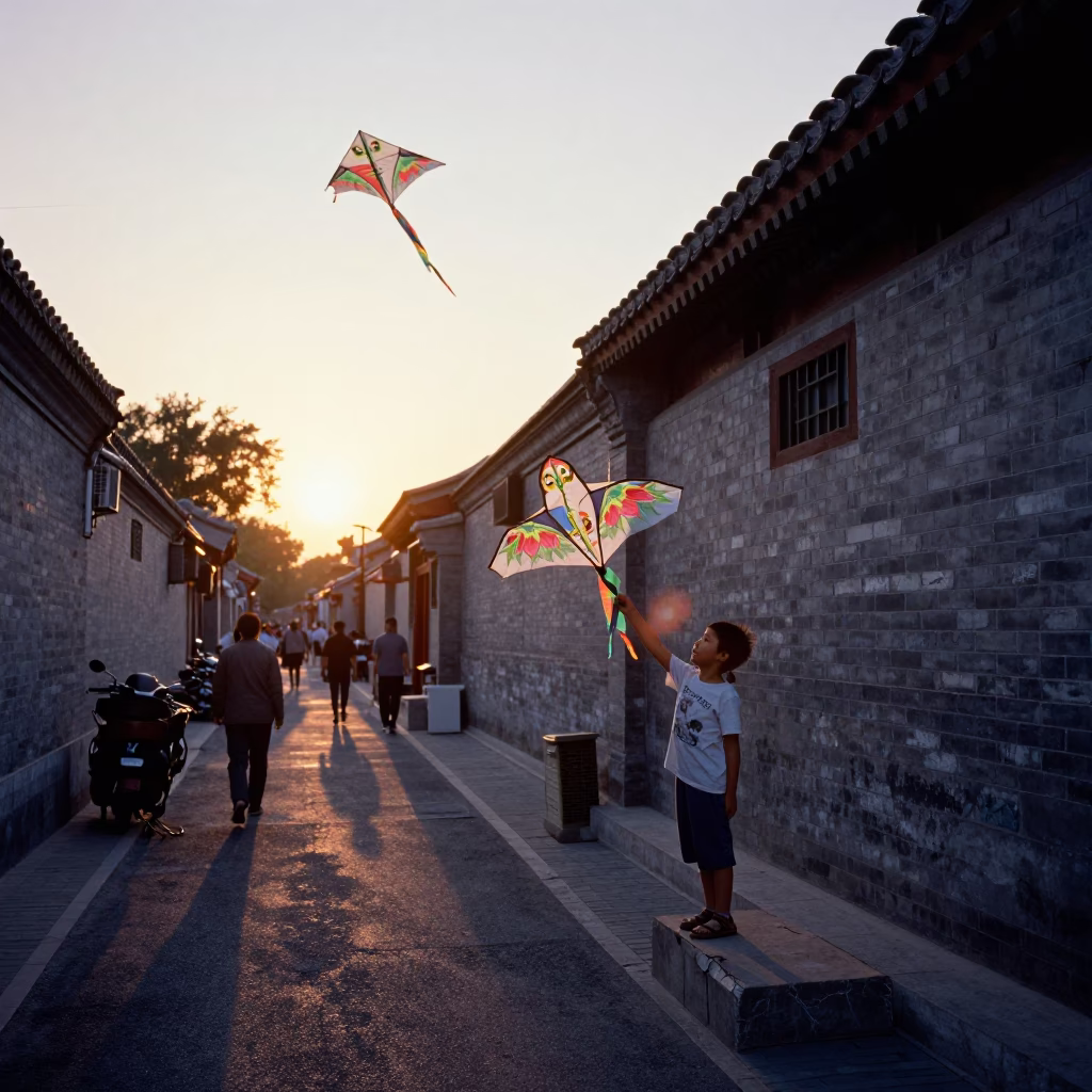 Beijing Hutong Street Scene at Sunset with Kites and Willows in in Beijing, China