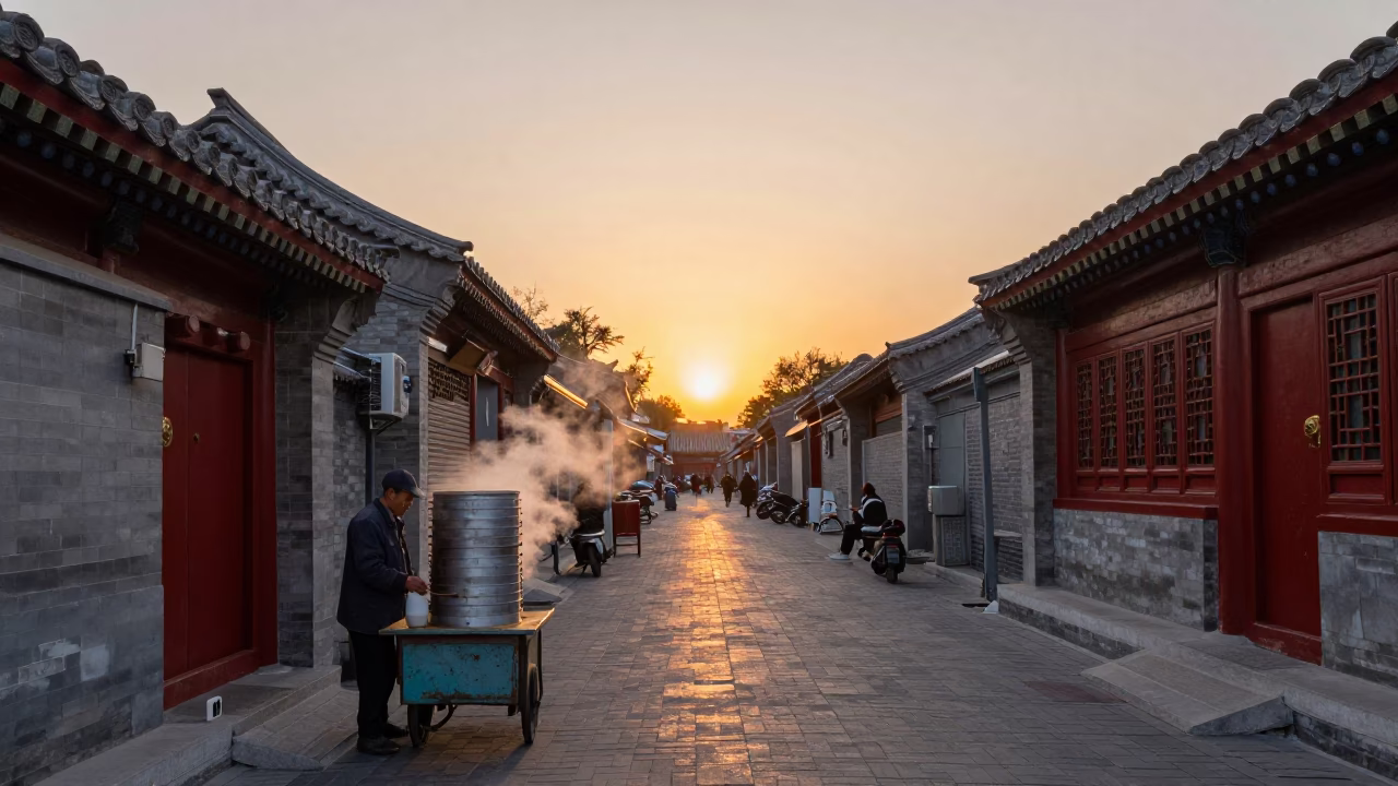 Beijing Hutong Street Scene at Sunset with Steam and Vintage Atmosphere in in Beijing, China