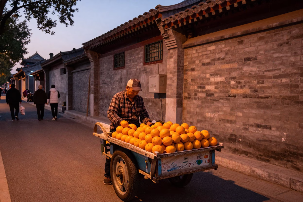 Beijing Hutong Street Scene in Copper Dusk Light with Traditional Porcelain Jars and Oranges in in Beijing, China