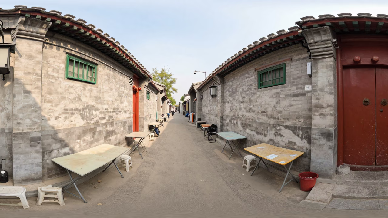 Beijing Hutong Street Scene with Folding Tables and Dusty Walls in Early Afternoon in in Beijing, China