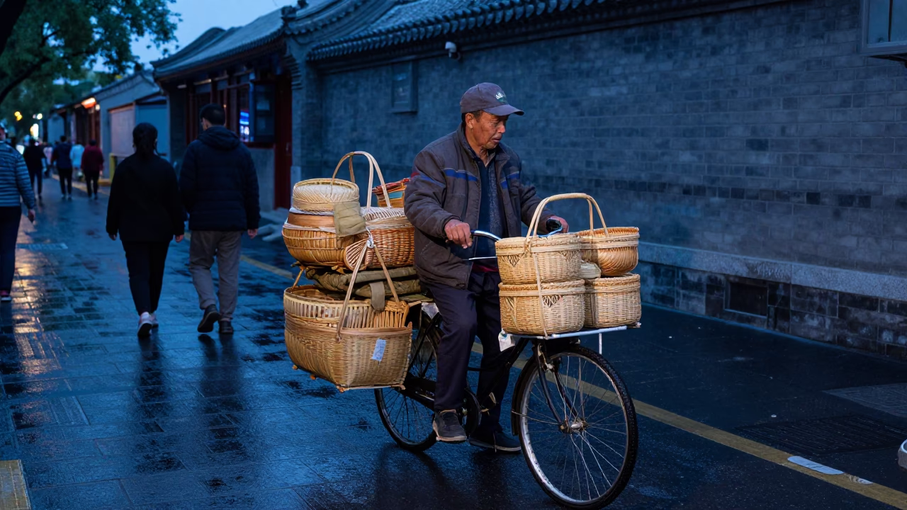 Beijing Hutong Street Vendor Selling Woven Baskets During Blue Hour in in Beijing, China