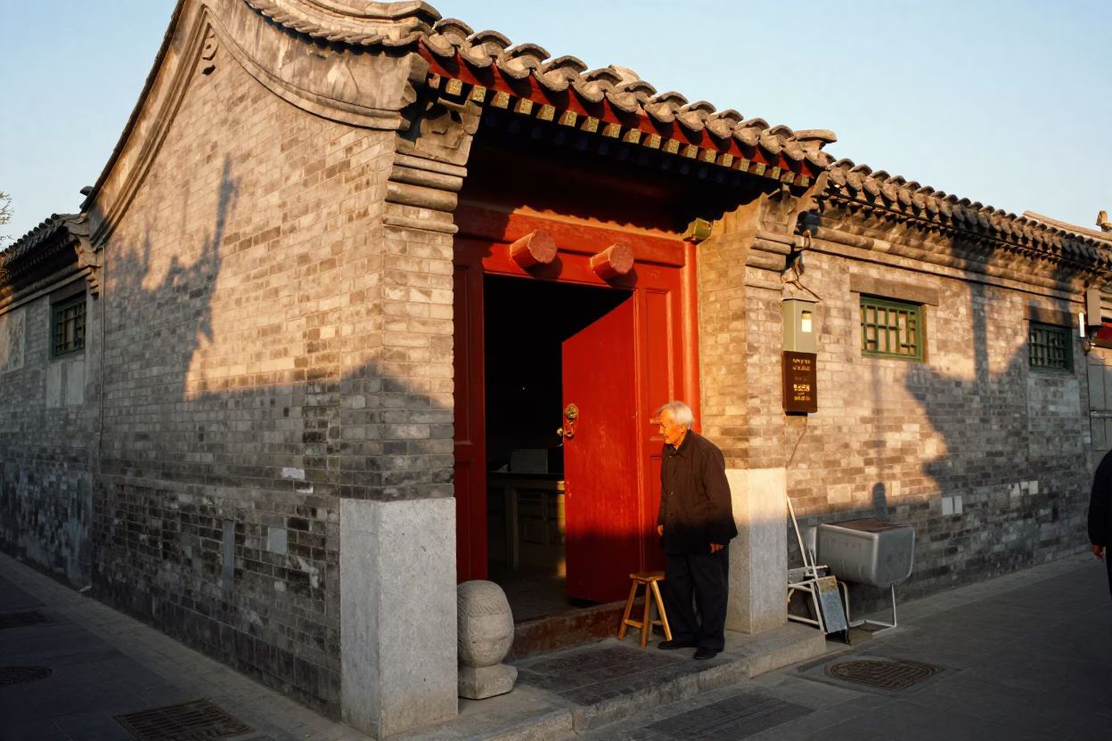 Beijing Hutong Sunset Street Life with Traditional Architecture and Daily Moments in in Beijing, China