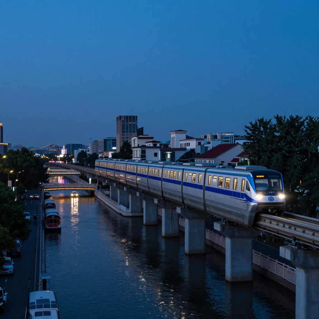 Beijing Indigo Twilight Monorail Over River and Busy Street Life in in Beijing, China