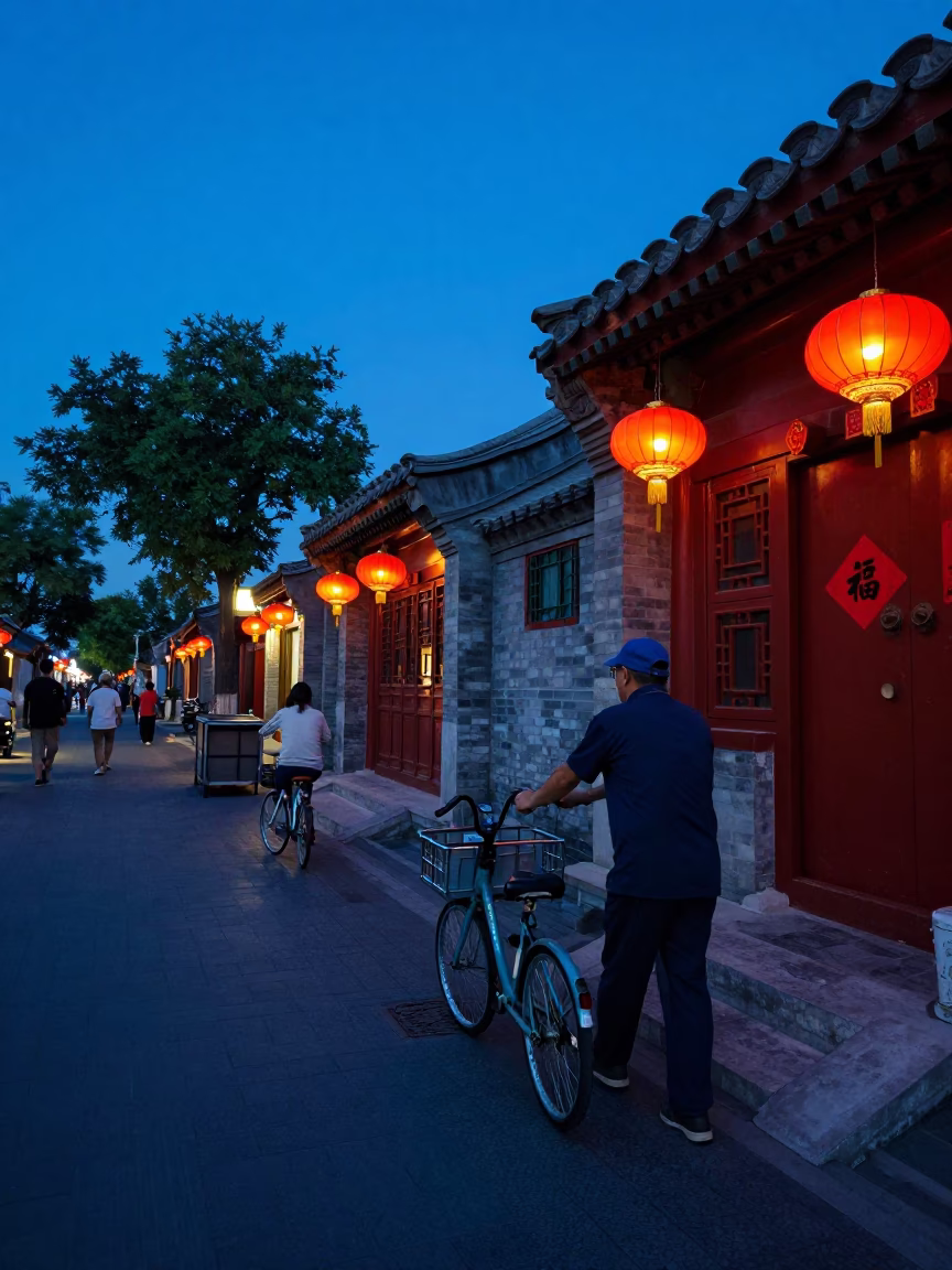 Beijing Indigo Twilight Street Scene with Bicycle and Lanterns in in Beijing, China