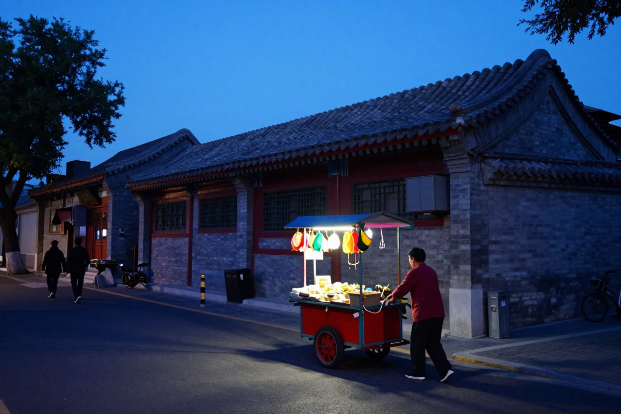 Beijing indigo twilight street scene with colorful vendor cart and passing cyclists in in Beijing, China
