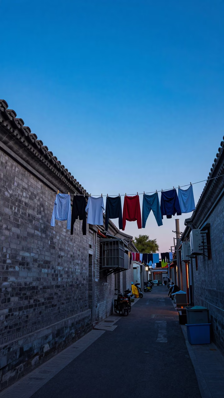 Beijing indigo twilight street scene with laundry pins and local commerce in in Beijing, China