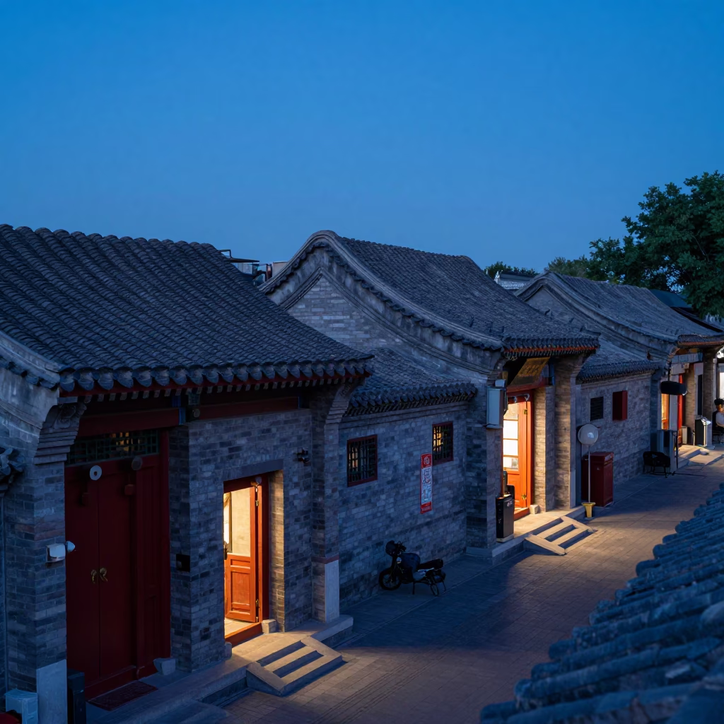 Beijing indigo twilight street scene with traditional architecture and evening activity in in Beijing, China