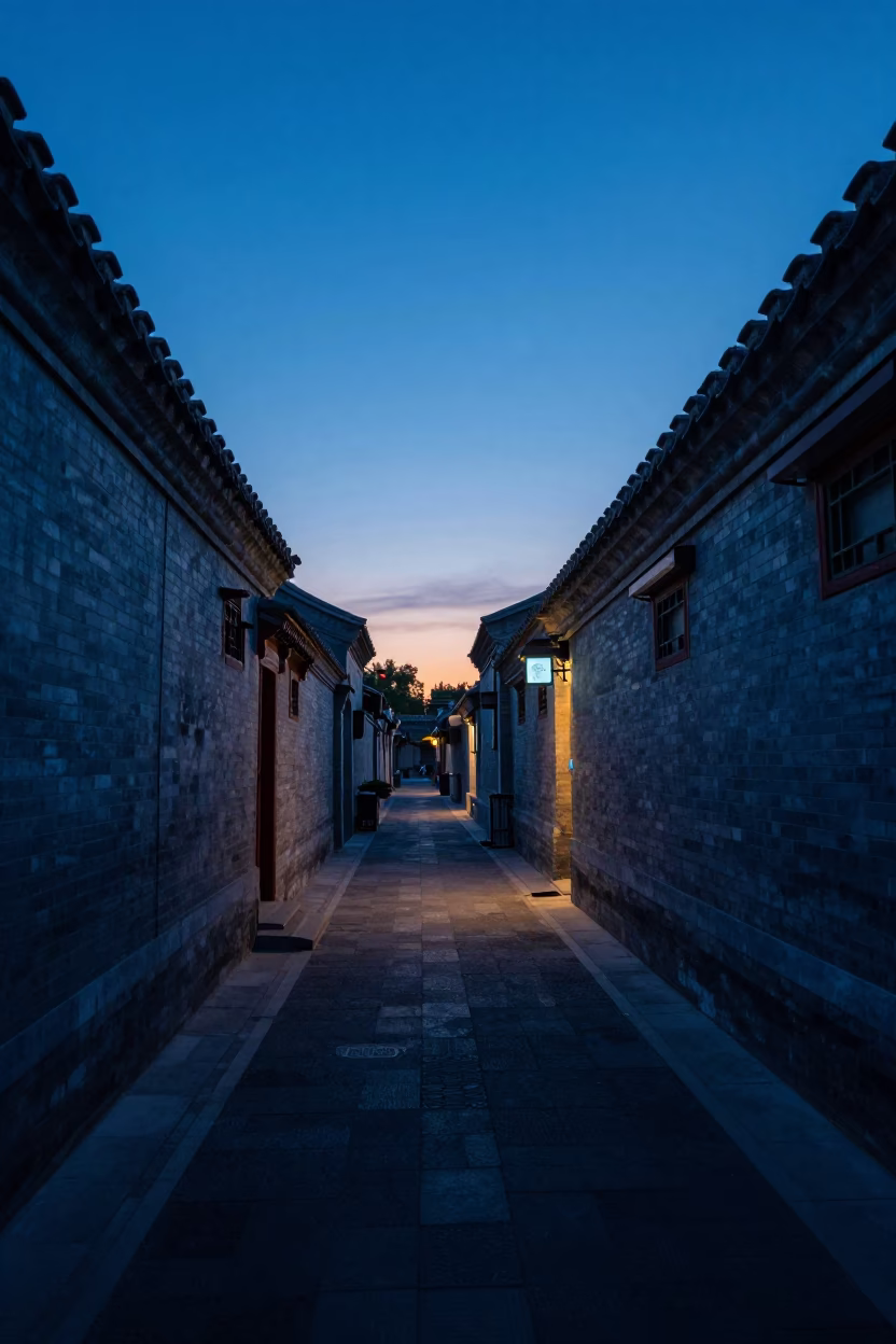 Beijing indigo twilight street scene with traditional architecture and modern urban life in in Beijing, China