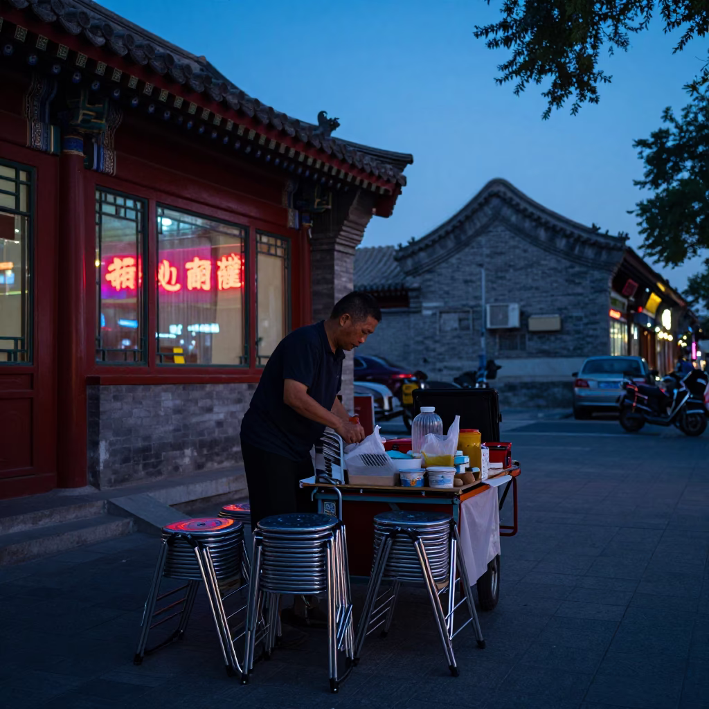 Beijing indigo twilight street scene with vendors and folding stools in in Beijing, China