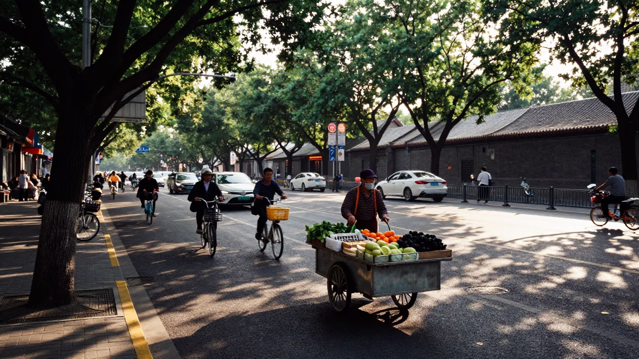 Beijing late afternoon street scene with bicycle traffic and traditional architecture in in Beijing, China