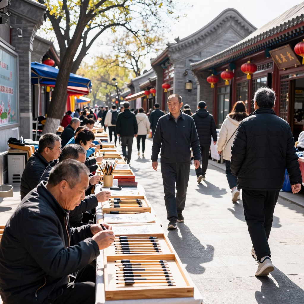 Beijing Market Scene at Bright Midmorning Light in in Beijing, China