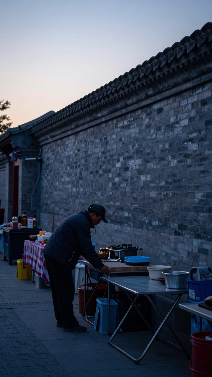 Beijing Market Scene at The Still Hours Before Dawn Light in in Beijing, China