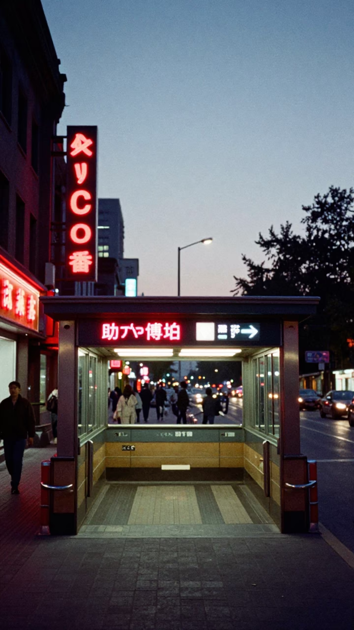 Beijing Metro Station Entrance at Dusk with Neon Signs and Pedestrians in in Beijing, China