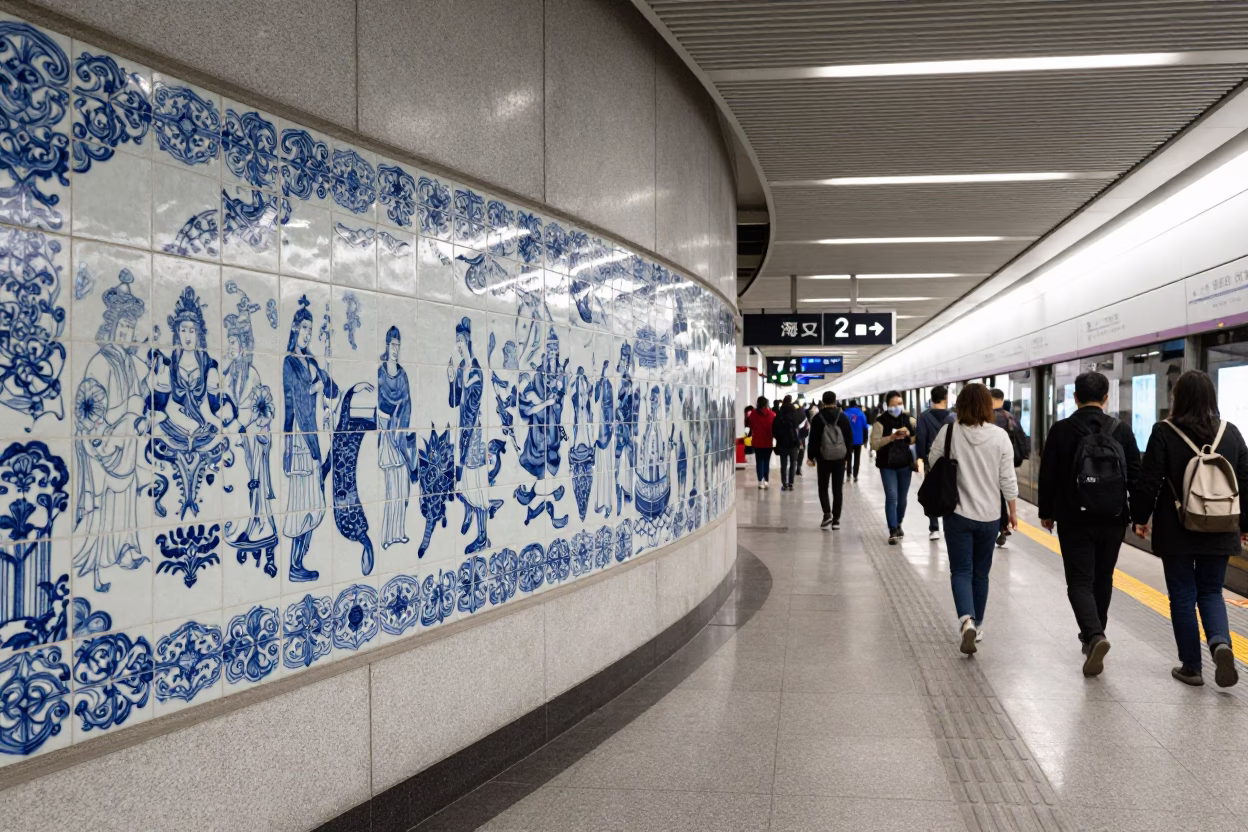 Beijing Metro Station Platform with Art Tiles and Commuters at Midday in in Beijing, China