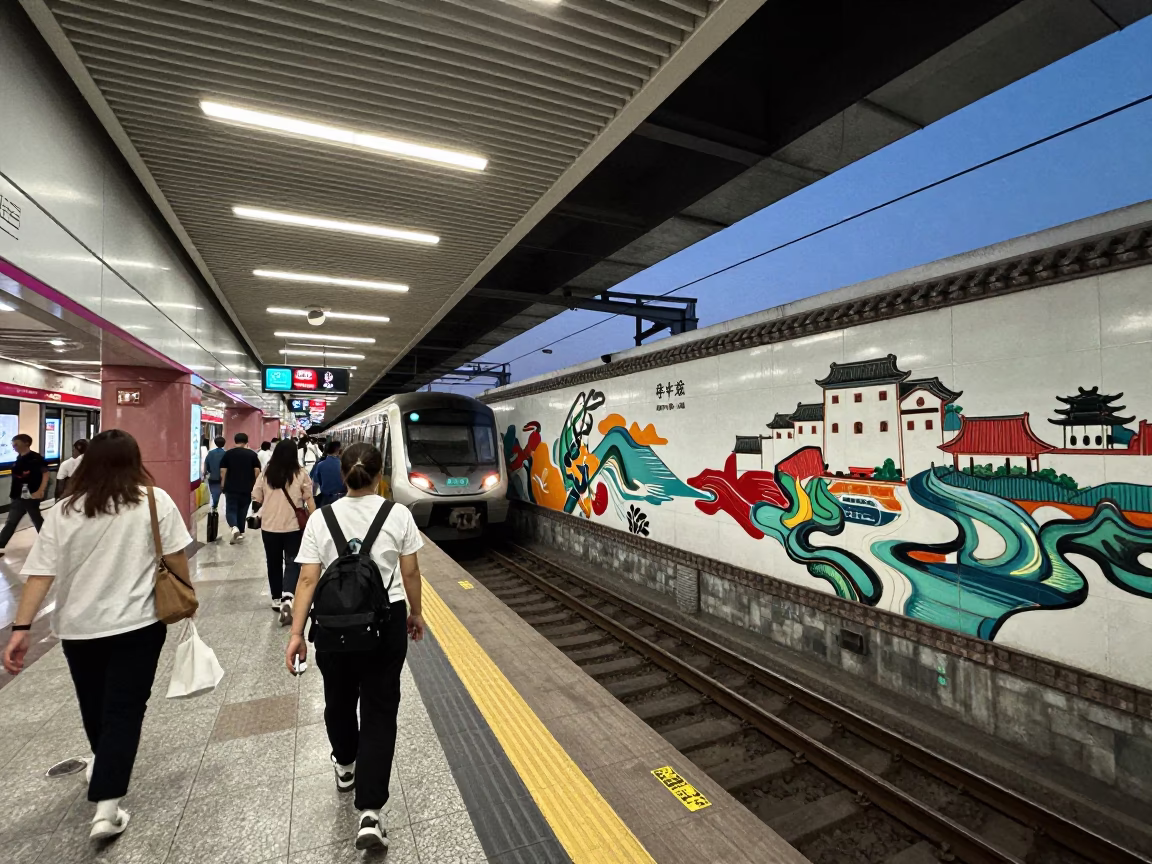 Beijing Metro Station Twilight Art Adorned Platform with Commuters and Train Arrival in in Beijing, China