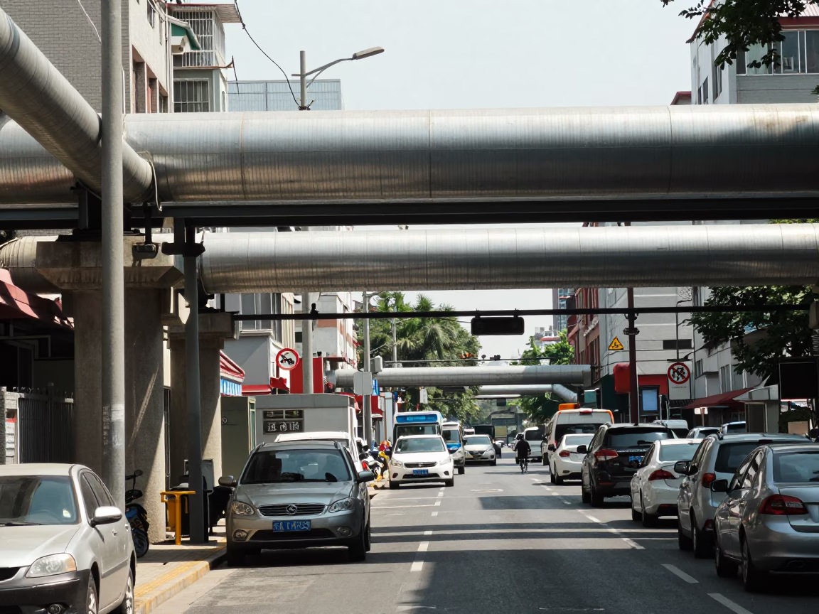 Beijing Midday Street Scene with District Heating Pipes and Urban Infrastructure in in Beijing, China