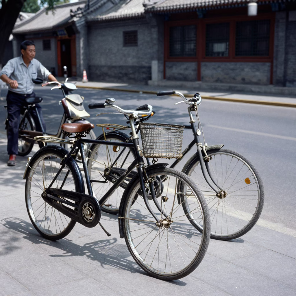 Beijing midday street scene with vintage bicycles and traditional architecture in 1970s China in in Beijing, China