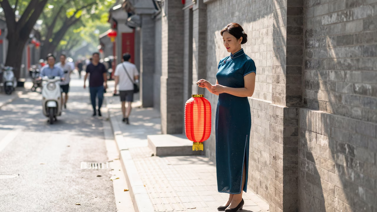 Beijing Midday Street Scene with Woman in Traditional Attire and Red Lanterns in in Beijing, China