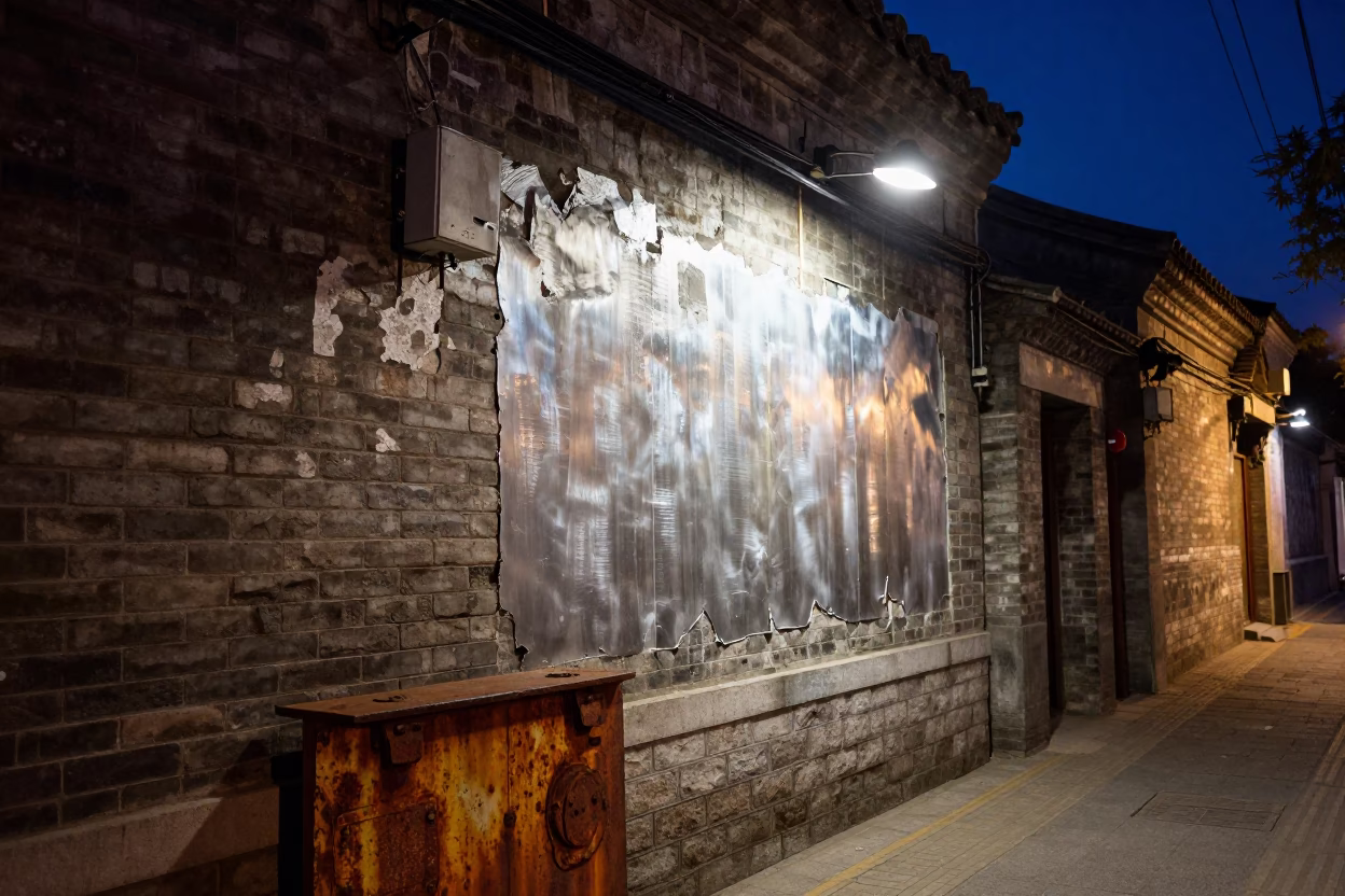 Beijing Midnight Street Scene with Rusty Basin and Brushed Steel Wall in in Beijing, China