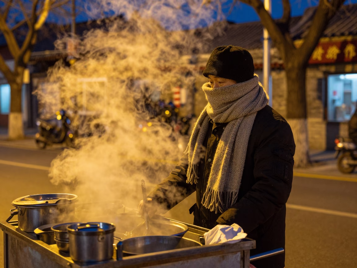 Beijing Midnight Street Scene with Wool Scarves and Urban Night Ambience in in Beijing, China