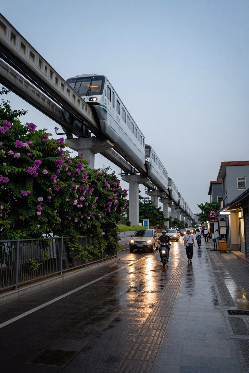 Beijing Monorail Blue Hour Street Scene with Plumbago Hedge and Local Life in in Beijing, China