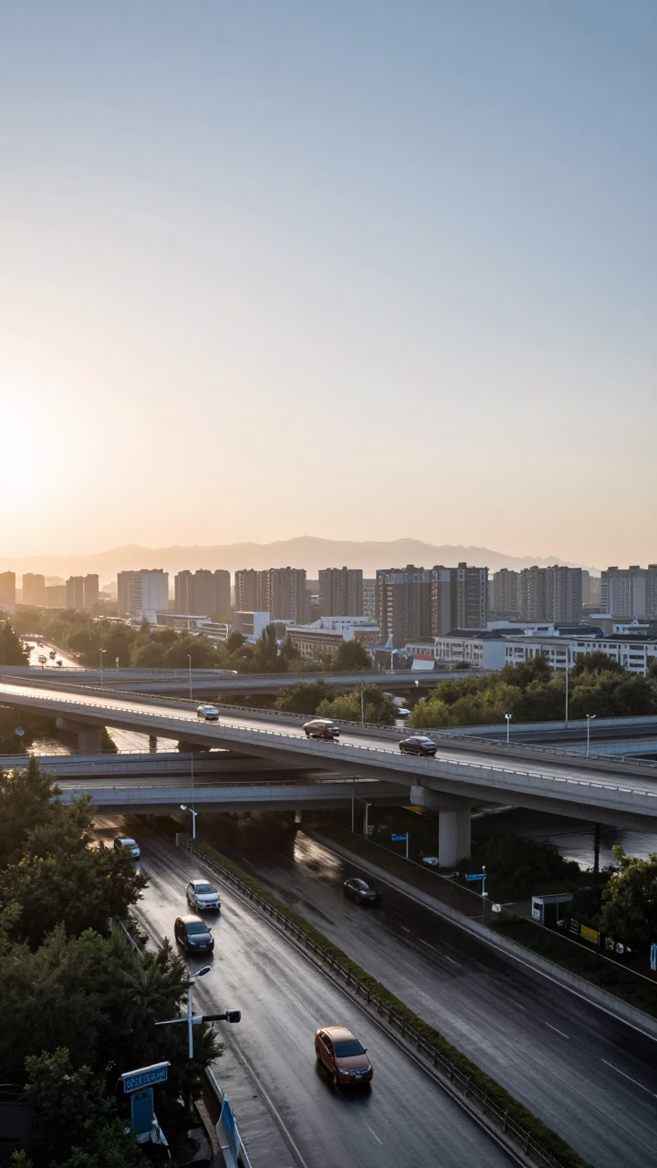 Beijing Morning Commute Overpass Interchange Glowing After Rain in in Beijing, China