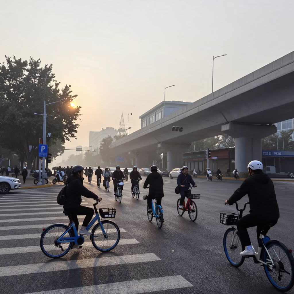 Beijing Morning Commute Under Grey Sky with Electric Bicycles and Concrete Infrastructure in in Beijing, China