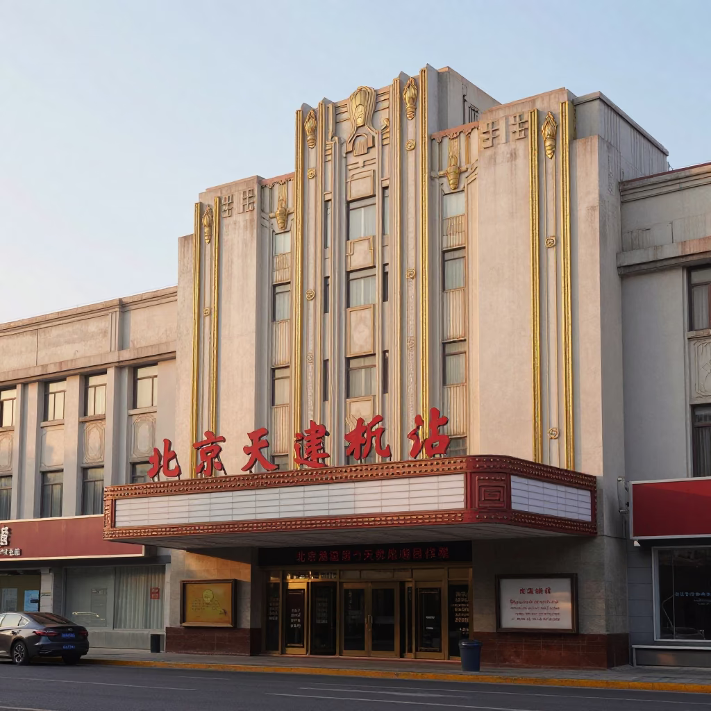 Beijing Morning Street Scene with Art Deco Cinema Facade and Yellow Taxi After Sunrise in in Beijing, China
