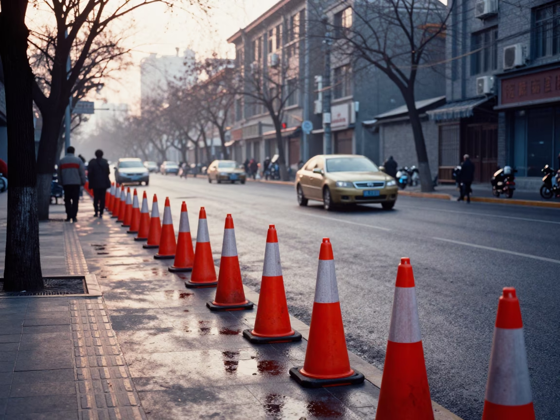 Beijing Morning Street Scene with Orange Traffic Cones and Wet Asphalt After Sunrise in in Beijing, China