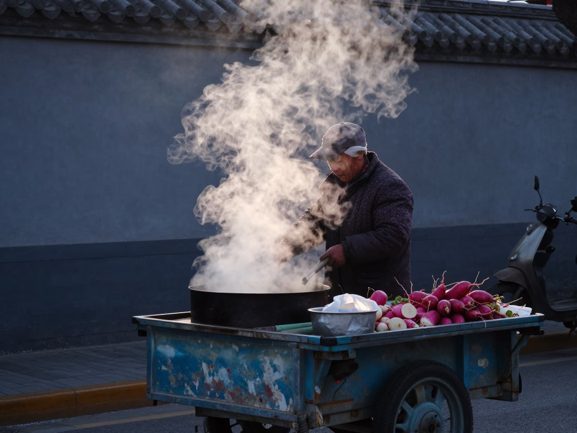 Beijing Morning Street Vendor Steam and Radishes Pre-Dawn Realistic 1960s in in Beijing, China