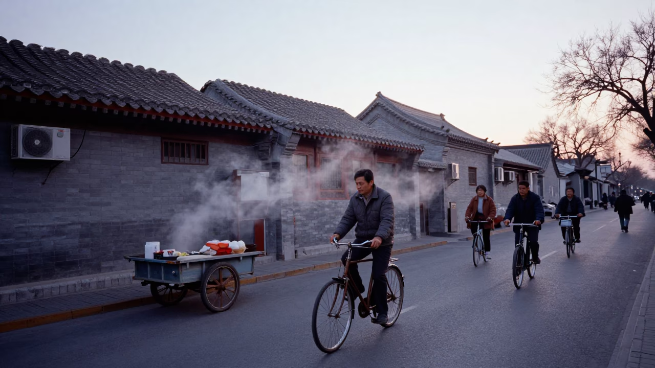 Beijing Nautical Dawn Street Scene with Bicycle Commuters and Traditional Architecture in in Beijing, China