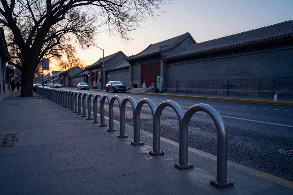 Beijing Nautical Dawn Street Scene with Campus Bicycle Rack and Red Brick Architecture in in Beijing, China