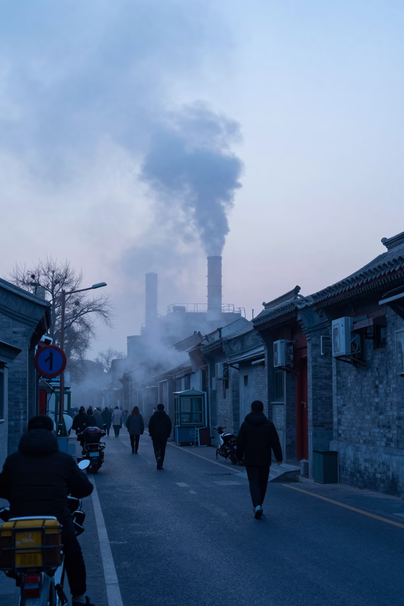 Beijing Nautical Dawn Street Scene with Steam Haze and Commuters in 1980s China in in Beijing, China