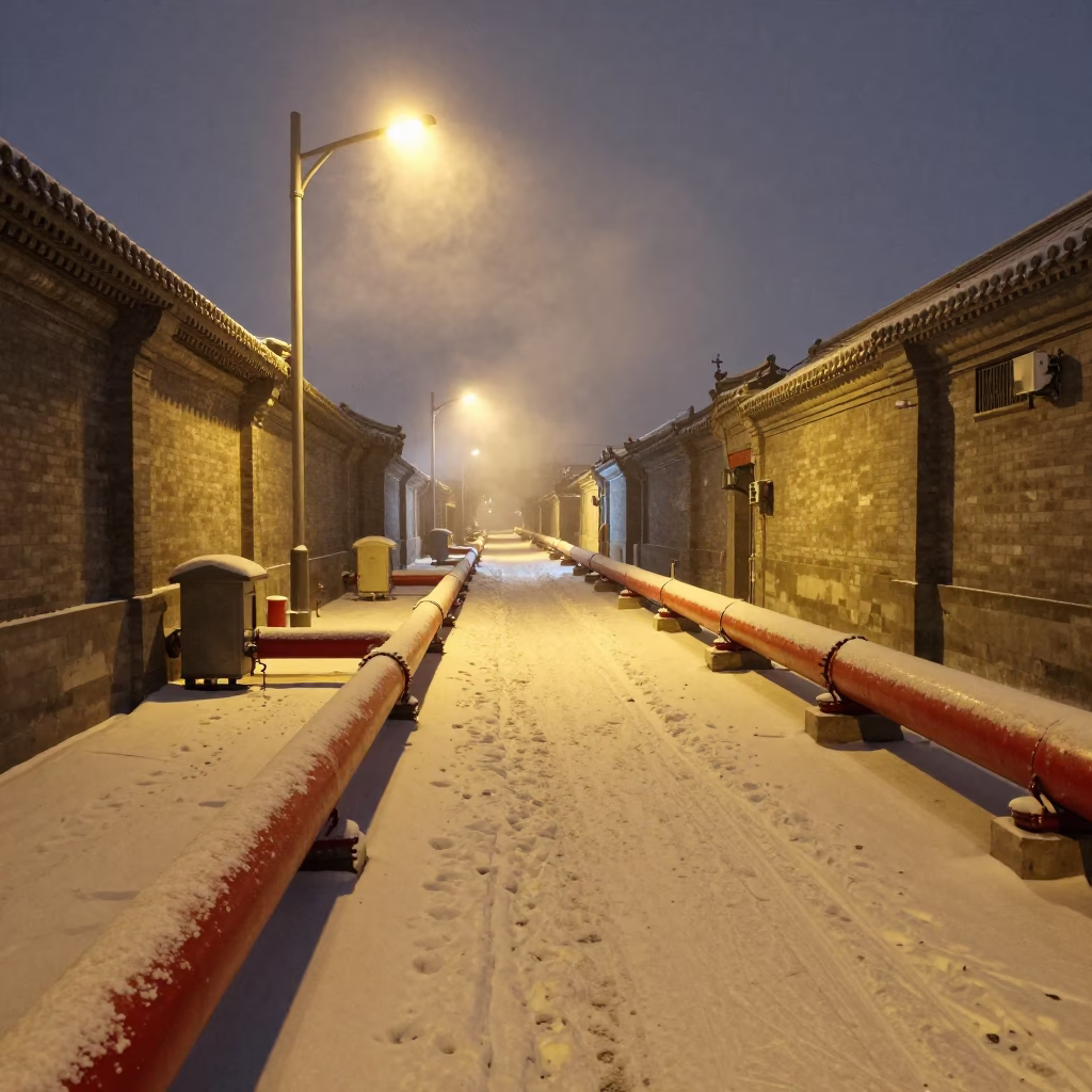 Beijing Night District Heating Corridor Snow Steam Haze Urban Infrastructure in in Beijing, China