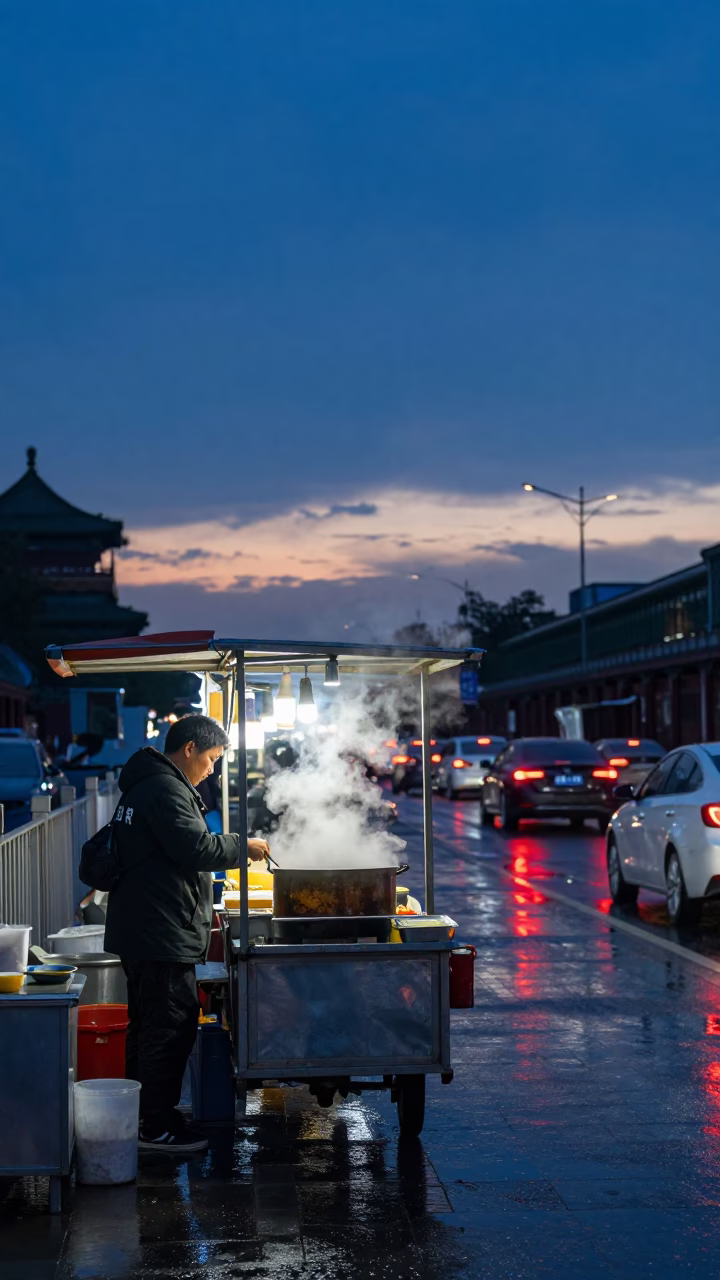 Beijing Night Market Stall in Indigo Twilight with Steam and Rain Reflections in in Beijing, China