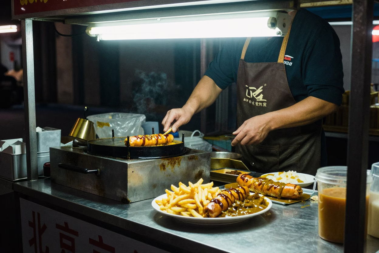Beijing Night Market Street Food Stall with Currywurst and Local Dining Scene in in Beijing, China