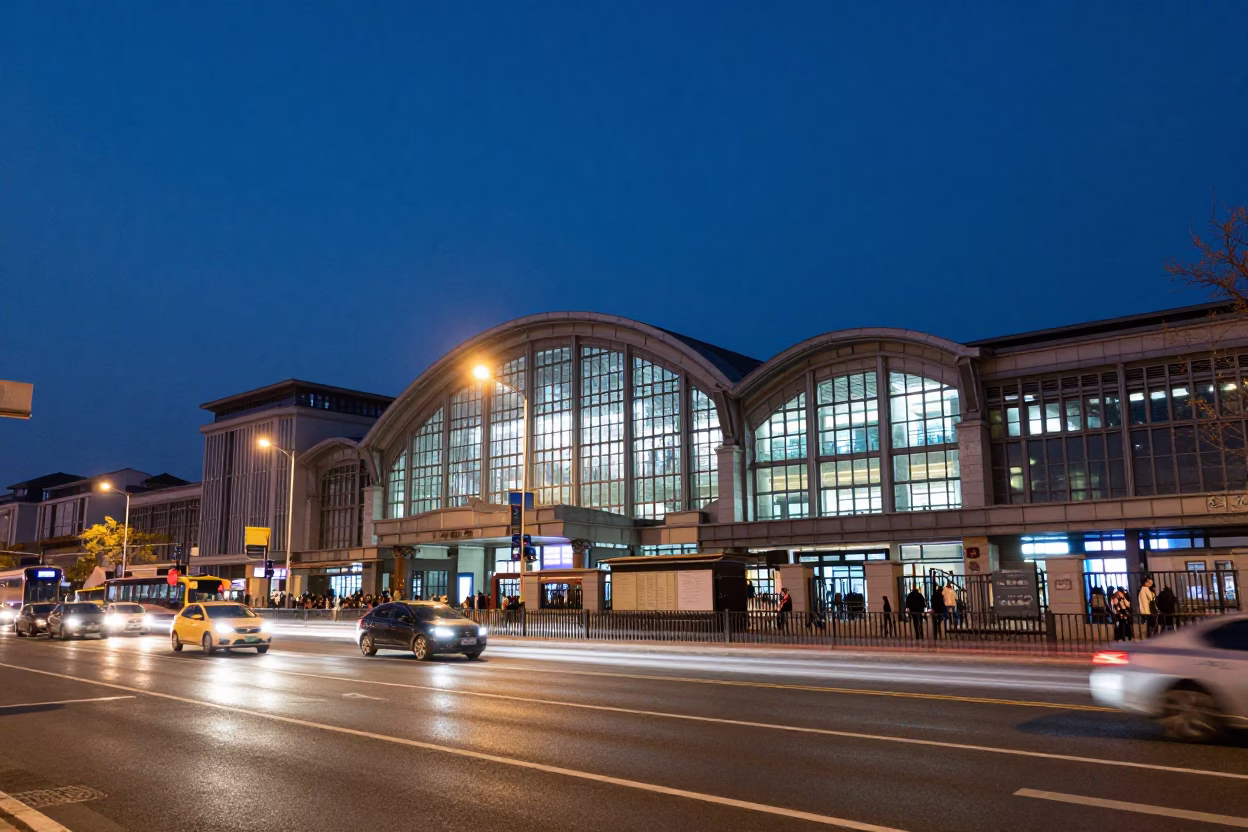 Beijing Night Street Scene with Glass Steel Train Station and City Lights in in Beijing, China