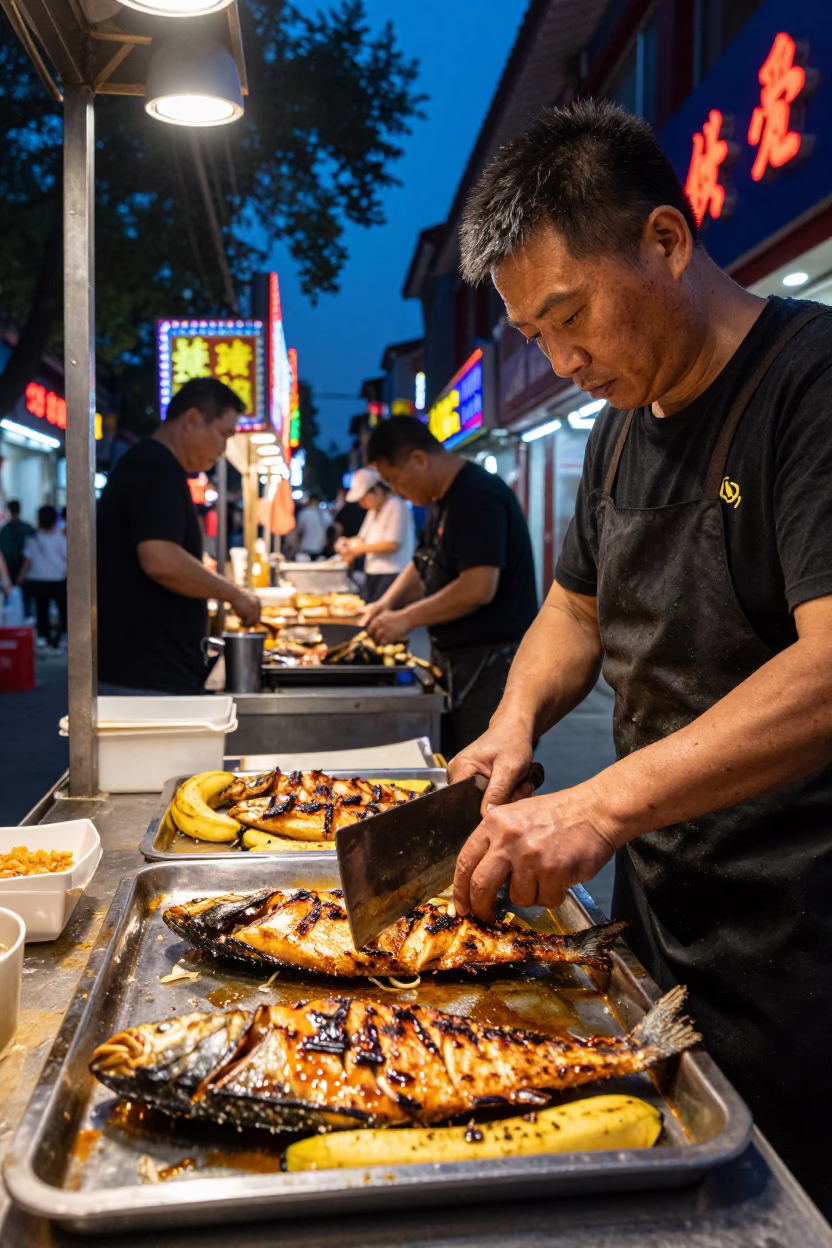 Beijing Night Street Scene with Grilled Fish and Cleaver in Neon Light in in Beijing, China