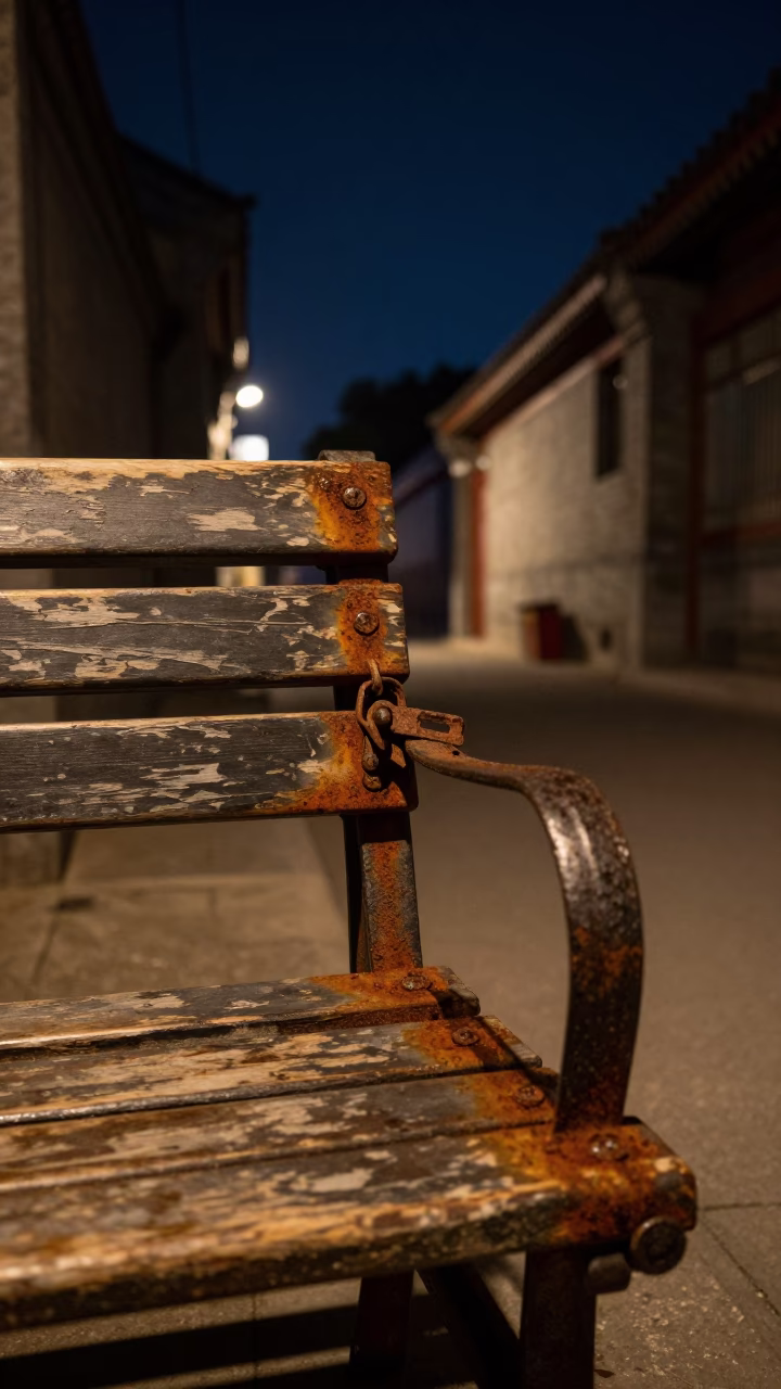 Beijing Night Street Scene with Iron Deadbolt and Rusty Bench Under Deep Night Sky in in Beijing, China