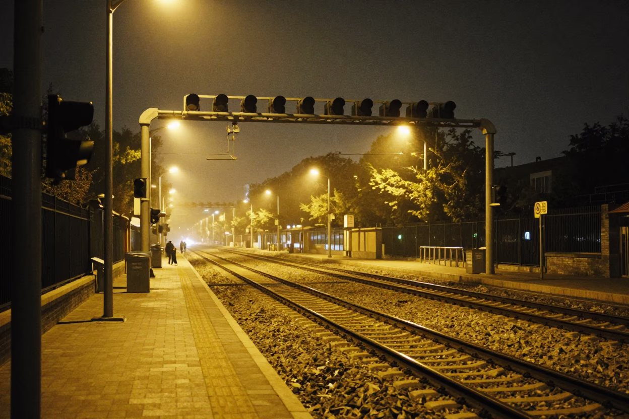 Beijing Night Street Scene with Signal Gantry Above Rail Lines and Urban Infrastructure in in Beijing, China