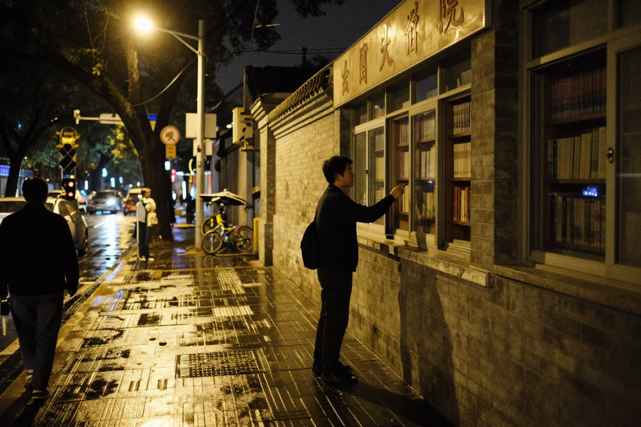 Beijing Night Street Scene with Teacher Unlocking School Library Before Sunrise in in Beijing, China