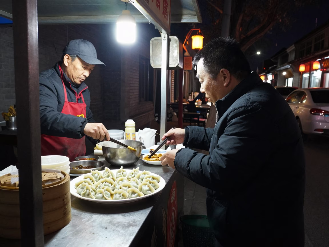 Beijing Night Street Scene with Traditional Food and Vintage 1990s Aesthetic in in Beijing, China