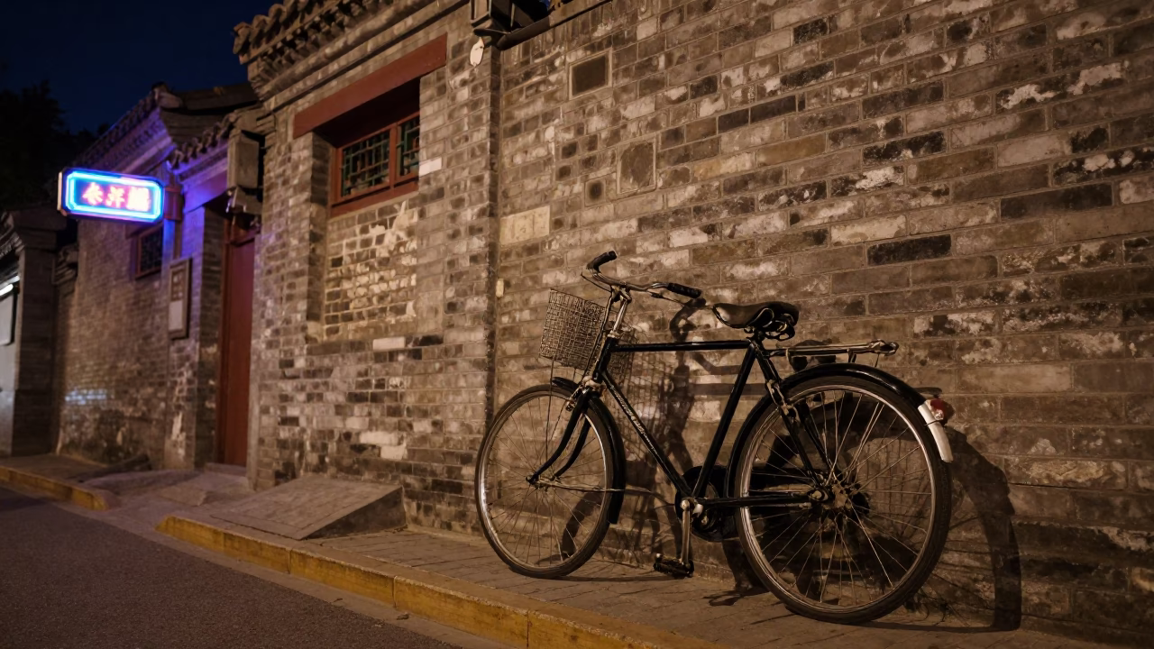 Beijing Night Street Scene with Vintage Bicycle and Neon Lights in in Beijing, China