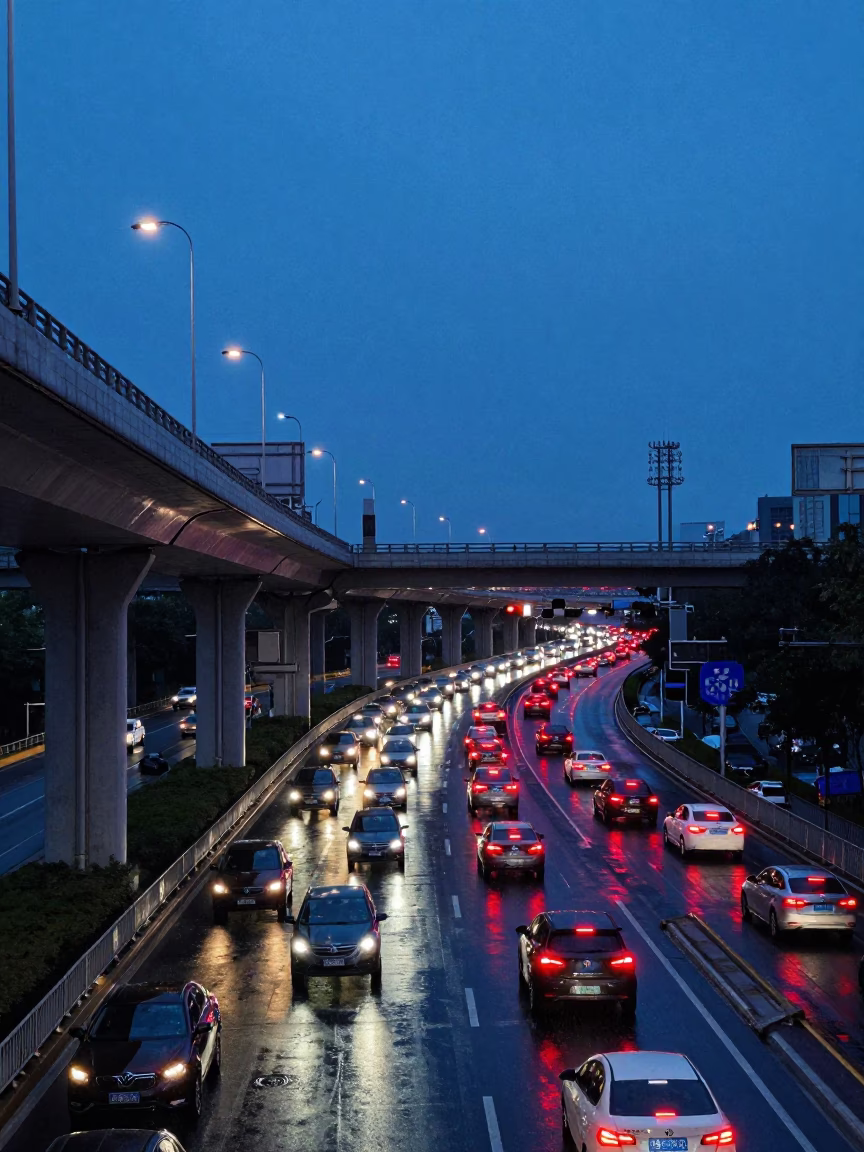 Beijing Overpass Interchange Glowing With Taillights After Rain in Indigo Twilight in in Beijing, China