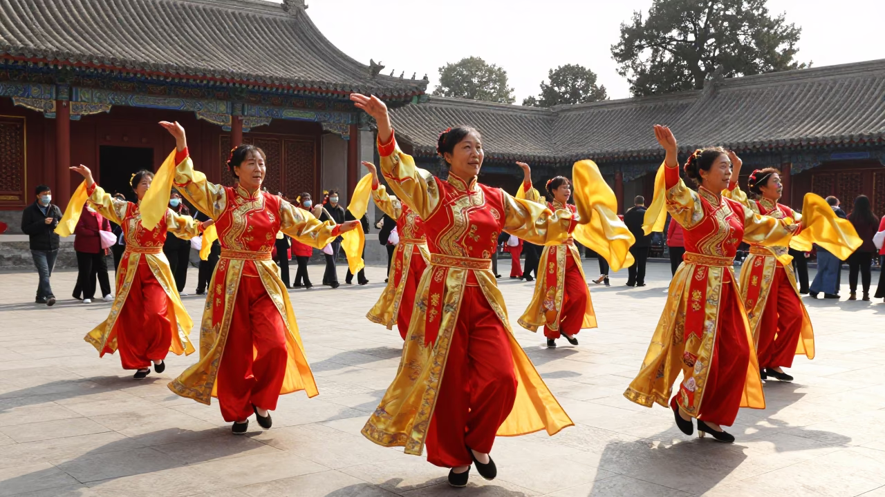 Beijing Park Morning Folk Dance Traditional Costumes Bright Midmorning Light in in Beijing, China