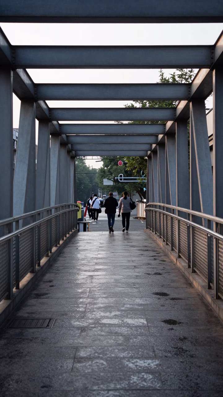 Beijing Pedestrian Overpass Early Afternoon Wet Footsteps Metal Structure in in Beijing, China
