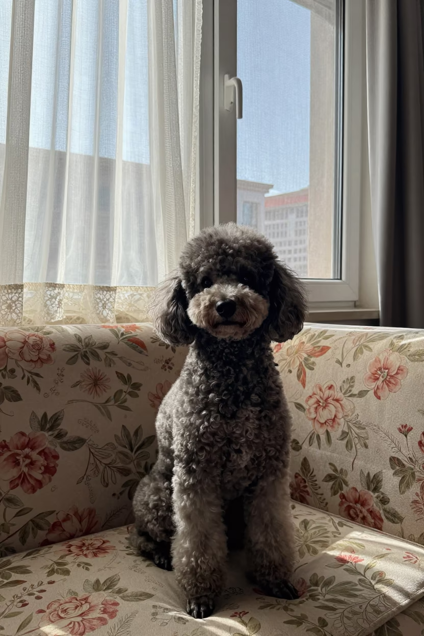 Beijing Poodle Portrait on Sofa Near Window in on a sofa near a curtained window with calm indoor light in Gulou, Beijing