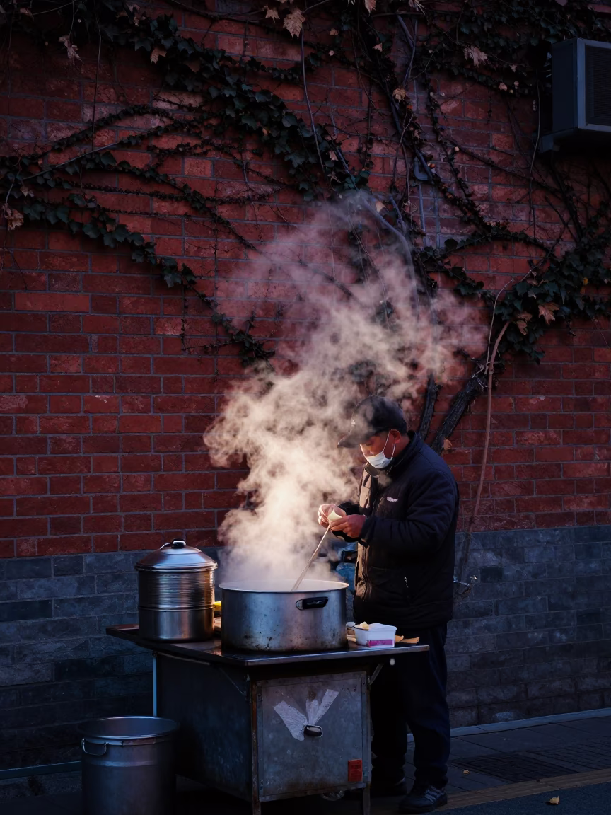 Beijing Predawn Street Vendor with Steam and Brick Wall in in Beijing, China