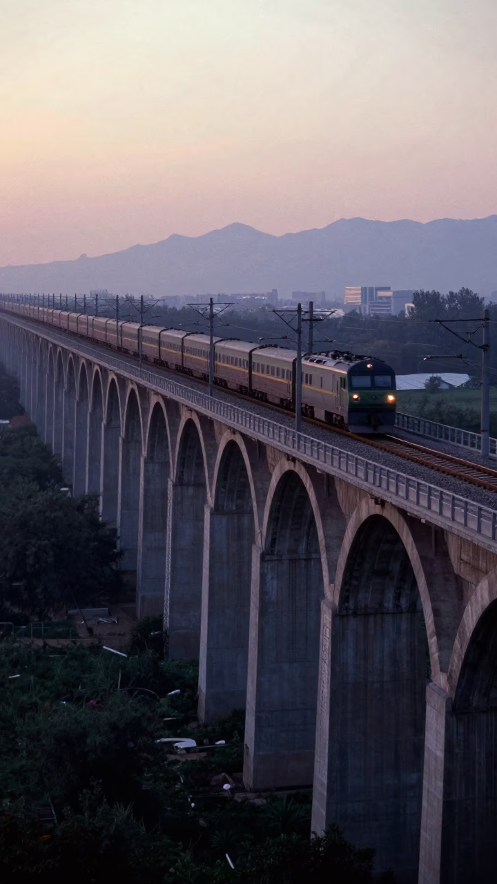Beijing Railway Viaduct at Dawn with Passing Train and Urban Landscape in in Beijing, China